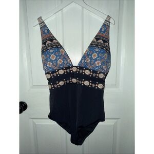 NEW Swimsuits For All Women's Navy Multi Plunge Front One‎ Piece Size 14